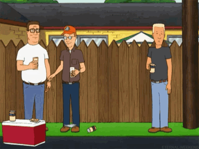 three men are standing in front of a wooden fence with a cooler in the foreground that says eternal weekend