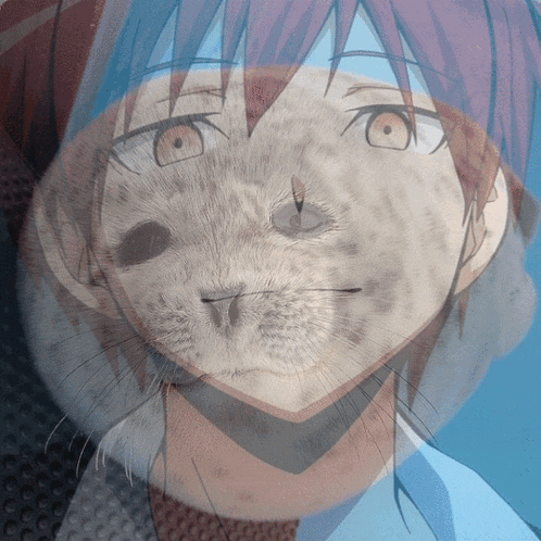 a close up of a person 's face with a cat 's face in the background