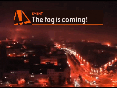 an aerial view of a city at night with a sign that says the fog is coming