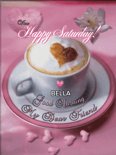 a happy saturday greeting card with a cup of coffee and saucer