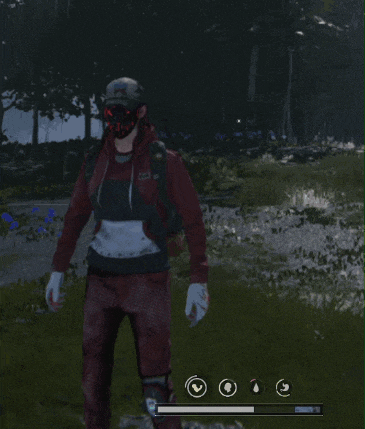 a person wearing a mask is standing in a field with their arms in the air