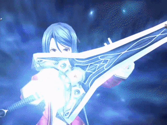 a girl with blue hair is holding a large sword in front of her face