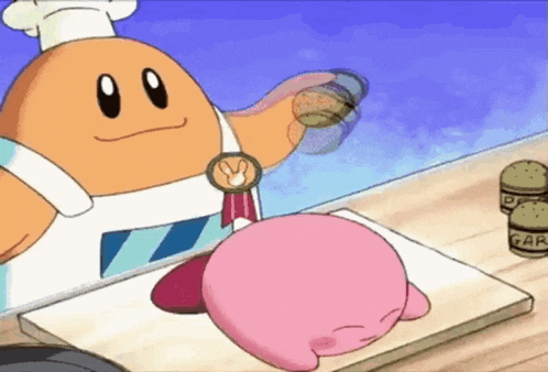 kirby is laying on a cutting board next to a cartoon character