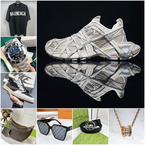 a collage of fashion items including a balenciaga shirt and a rolex watch