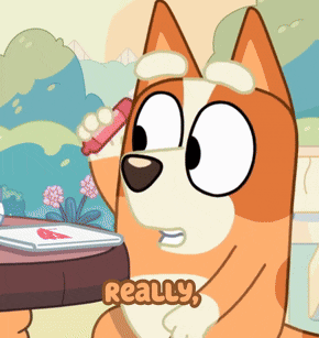 a cartoon dog is sitting at a table holding a red pencil and saying really