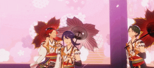 a group of anime characters are standing next to each other with umbrellas .