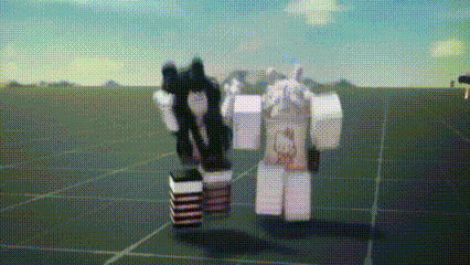 two roblox characters are standing next to each other in a field .