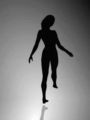 a silhouette of a woman with her arms outstretched on a white background