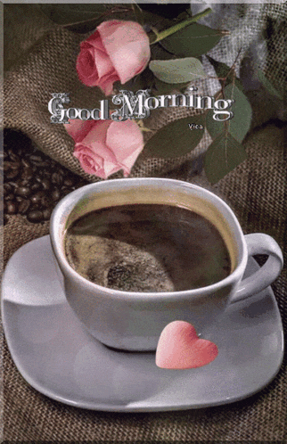a cup of coffee on a saucer with the words good morning