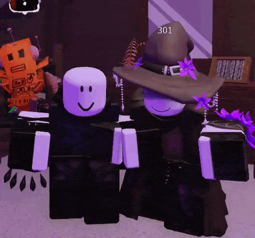 a couple of roblox characters standing next to each other with the number 301 on their hats