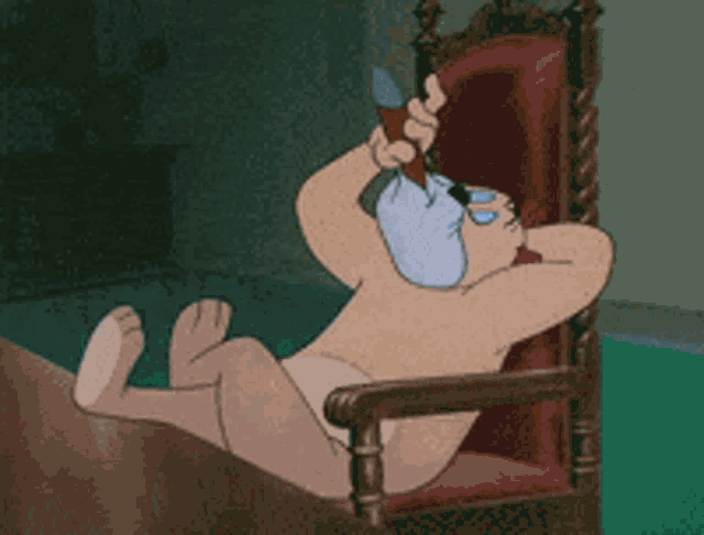 a shirtless cartoon character is sitting in a chair holding a pen