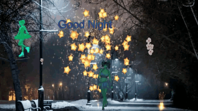 a sign that says good night with a person walking in the background
