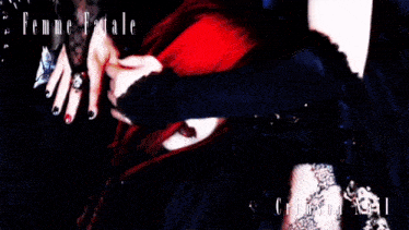 a woman with red hair has the words femme fatale and crimson nail written above her