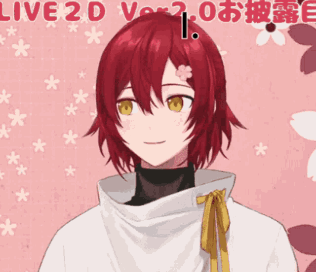 a girl with red hair and yellow eyes is smiling in front of a pink background
