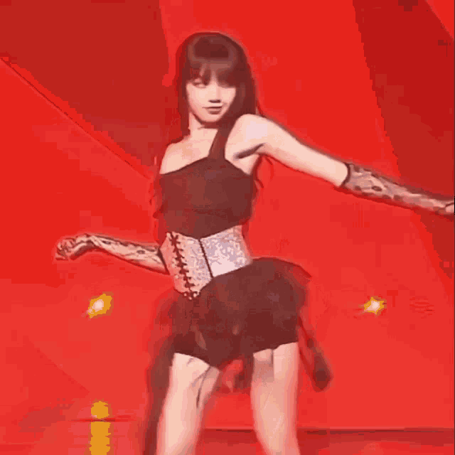 a woman is dancing on a stage wearing a corset and a tutu .