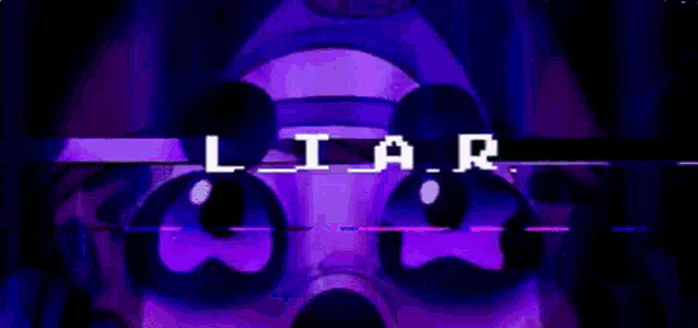 a close up of a person 's face with a purple background and the word liar on it .