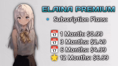 a subscription plan for elaina premium is shown with a girl