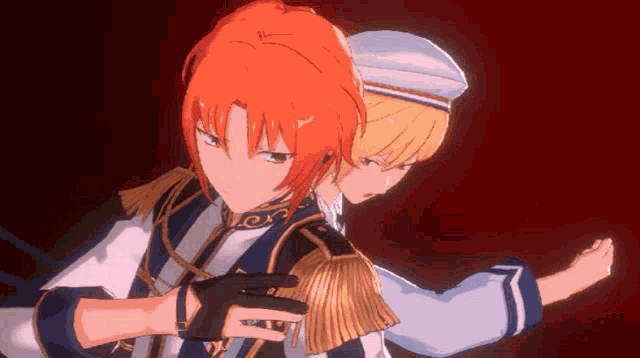 two anime characters standing next to each other with one wearing a glove