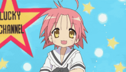 a girl with pink hair is standing in front of a lucky channel sign