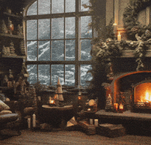 a room with a fireplace and christmas decorations