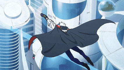 a man in a cape is flying through the air in front of a building