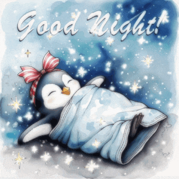 a penguin with a bow on its head is wrapped in a blanket with the words good night written below it