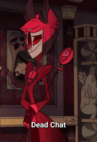 a cartoon character is standing in a dark room with the words dead chat below him