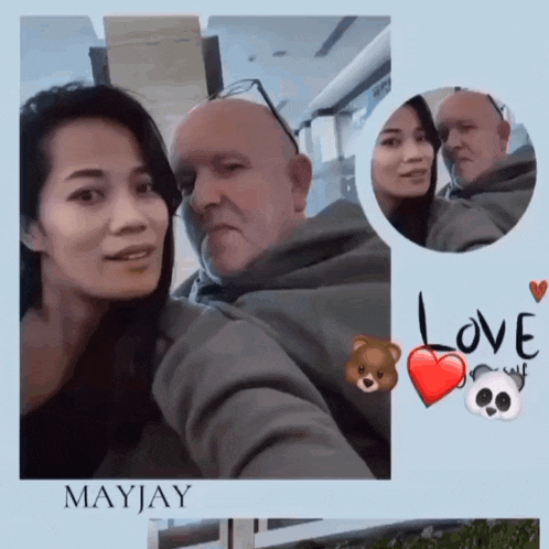 a man and a woman are posing for a picture with the name mayjay on the bottom left
