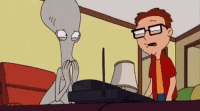 a cartoon of a man and a gray alien talking to each other .