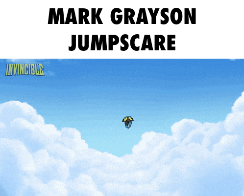 a poster for mark grayson jumpscare shows a person flying through the clouds