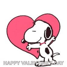 snoopy is hugging a heart surrounded by hearts and says happy valentine 's day .