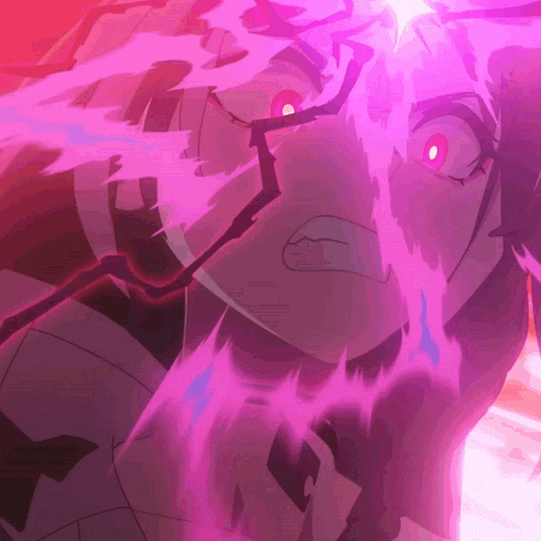 a close up of a person 's face with a purple light coming out of their eyes