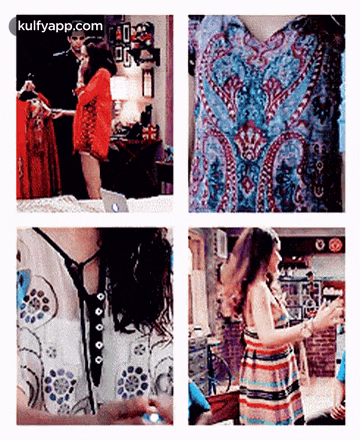 a collage of four pictures of a woman wearing a dress .