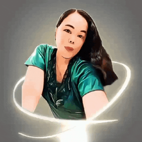 a woman in a green shirt is surrounded by a white light
