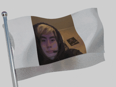 a flag with a picture of a man wearing a hoodie
