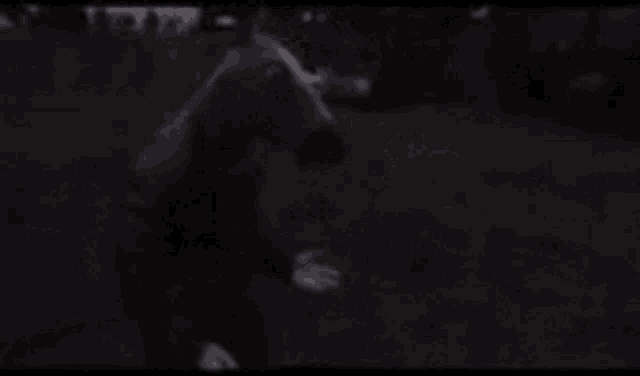 a blurry picture of a person standing in the dark with a black background .