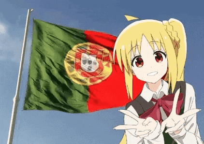 a blonde anime girl is standing in front of a portuguese flag .