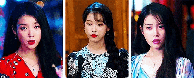 a collage of three photos of a woman wearing different dresses and earrings .