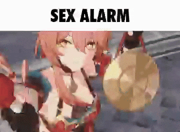 a cartoon girl with pink hair is holding a gold object and the words sex alarm above her .