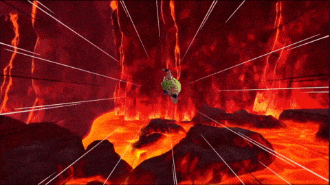 a cartoon character with green hair is flying through the air with a red background