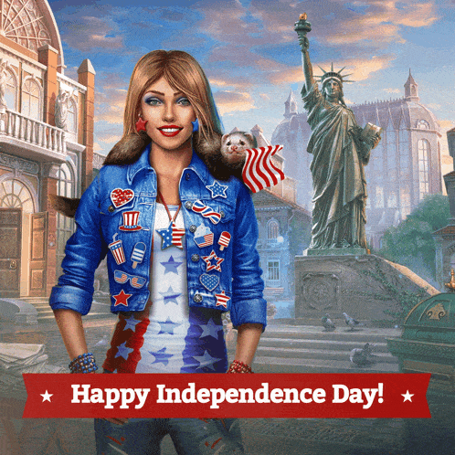 a woman with a ferret on her shoulder and the words happy independence day