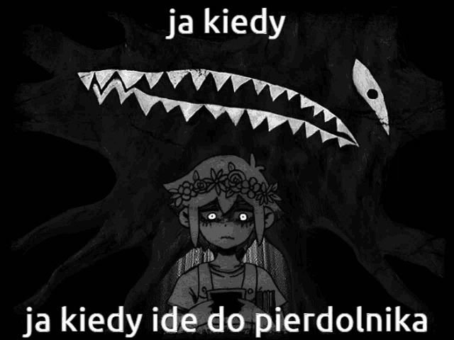 a black and white drawing of a girl with a flower crown and the words ja kiedy