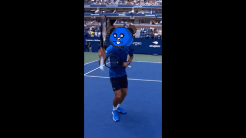 a man is holding a tennis racquet on a tennis court sponsored by jp morgan chase