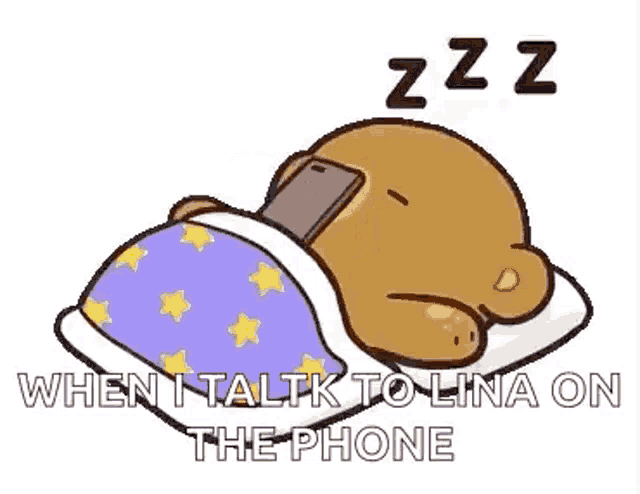 a cartoon of a teddy bear sleeping with a cell phone in his hand .