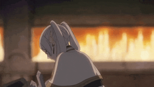a cartoon character is standing in front of a fire .