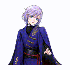 a purple haired anime character in a blue cape is holding a green object .