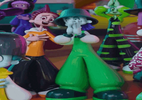 a group of cartoon characters are standing together and one of them is wearing green overalls and a bucket hat