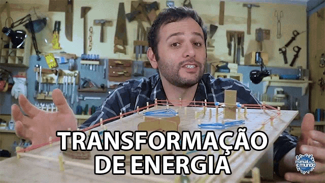a man in a plaid shirt is holding a wooden board with the words transformacao de energia written above him