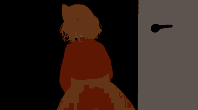 a person in a red shirt is standing in a dark room next to a door