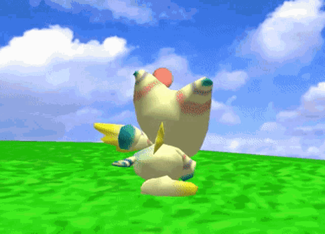 a cartoon character is standing on a green field